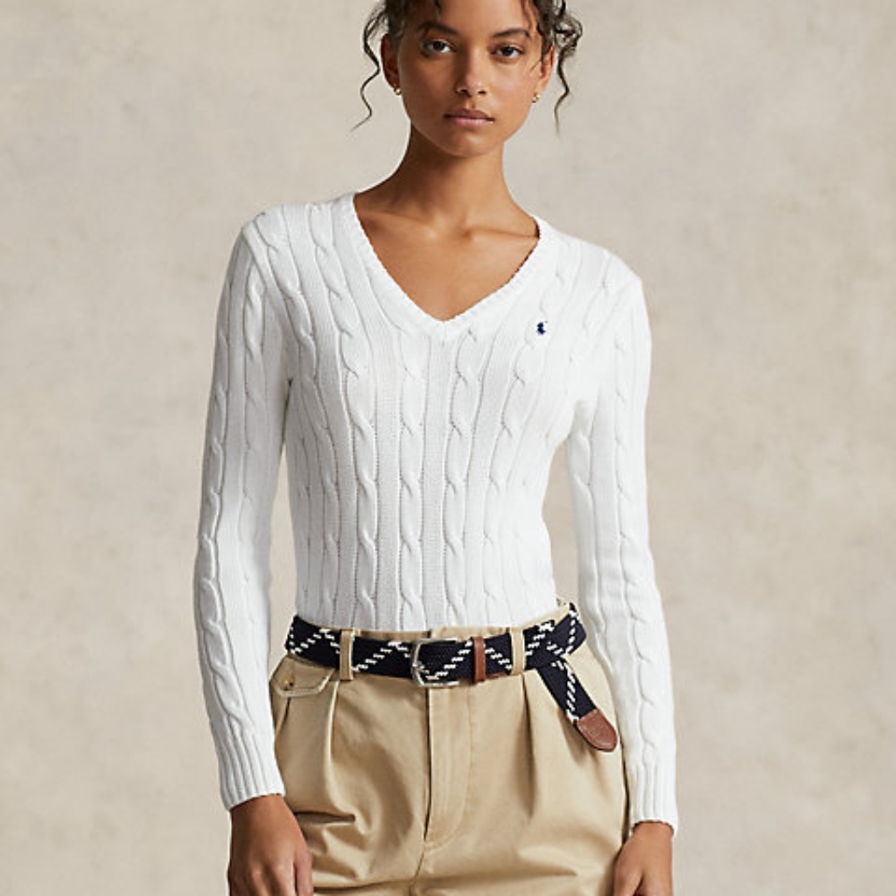 Ralph Lauren Sport  Cable Knit  V-neck Sweater cotton Size L  long sleeve